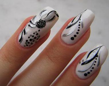 Beautiful Floral Art on White Nails