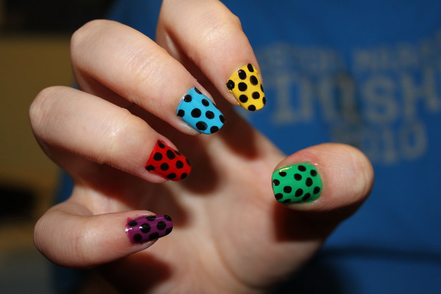Colorful Nails in Black Polka